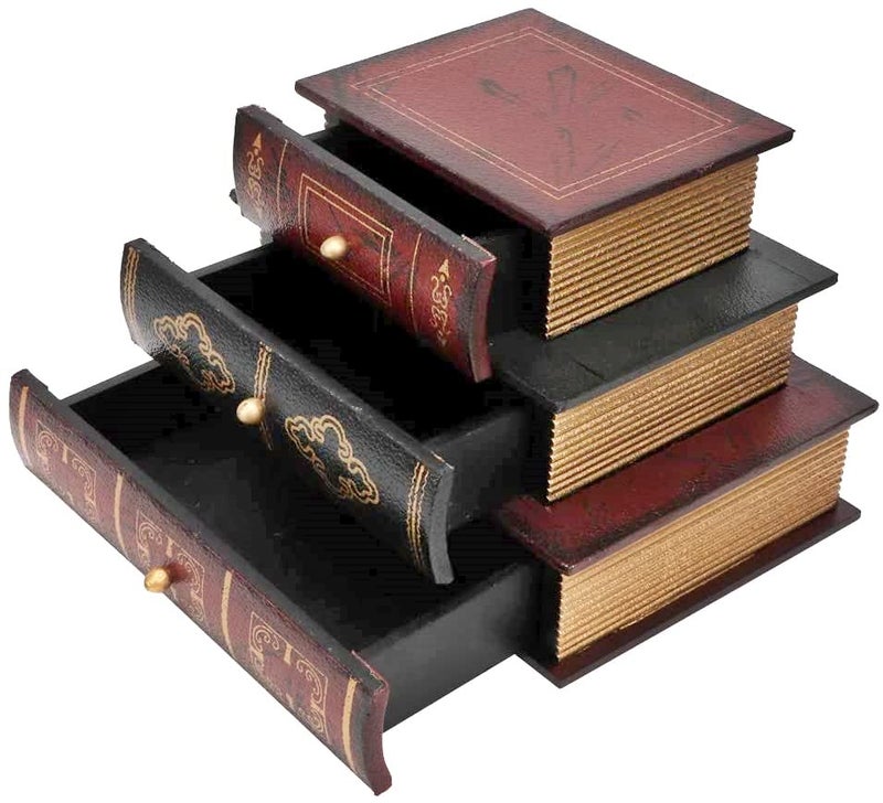 Bellaa 28076 Book Box with Drawers Hidden Storage Trinket Keepsake Decorative Bookends Vintage Antique Flux Leather Wood Organizer Retro Farmhouse Boho Home Decor - Image 5